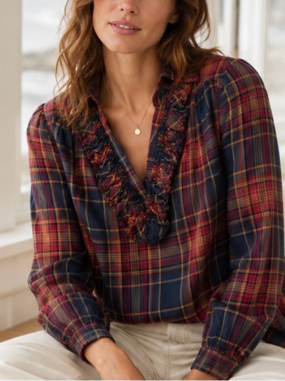 A Shirt Thing Celine Plaid Ruffle Blouse Navy Burgundy NWT $345 Size S